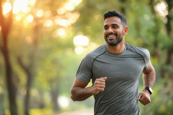 Man jogging through a park at golden hour mid-journey