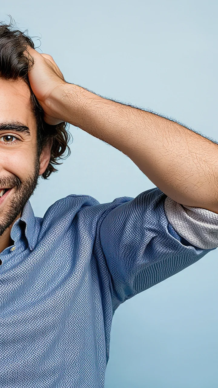 Bearded young man laughing with hands in his hair against a blue studio background
