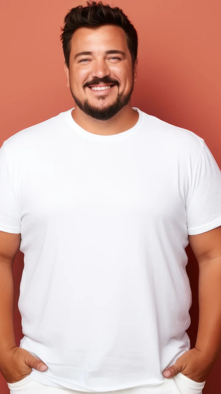 Heavier bearded man in a white t-shirt smiling against a coral studio backdrop