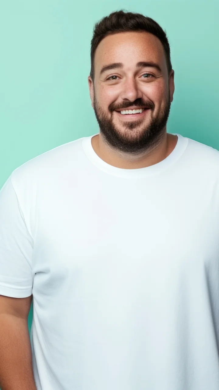Heavier bearded man in a white t-shirt smiling against a mint studio backdrop