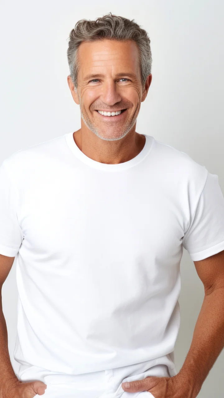 Mature man in a white t-shirt smiling against a soft white background