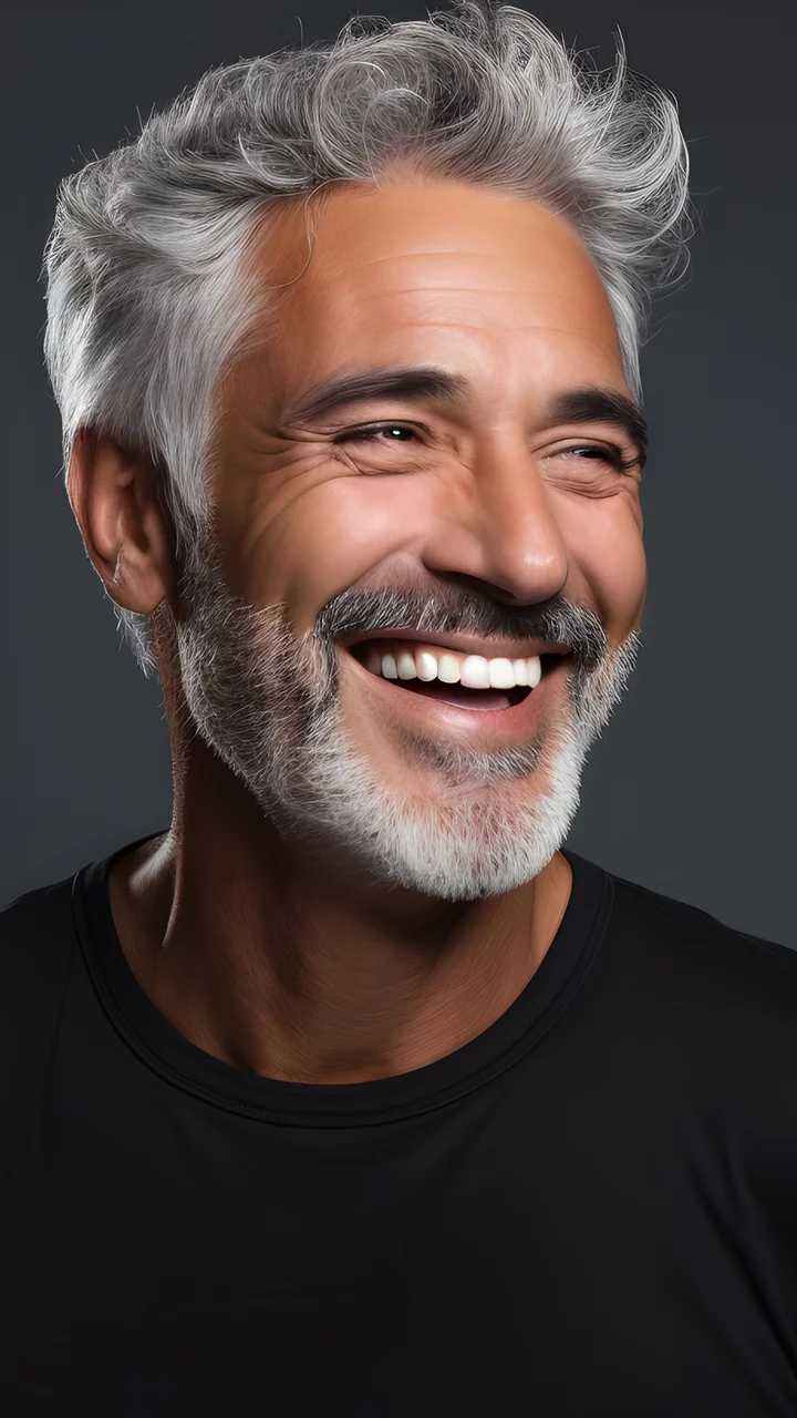 Silver-haired man laughing in a black tee against a charcoal studio backdrop